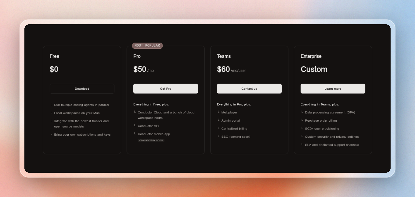 Conductor.build pricing as of August 2026